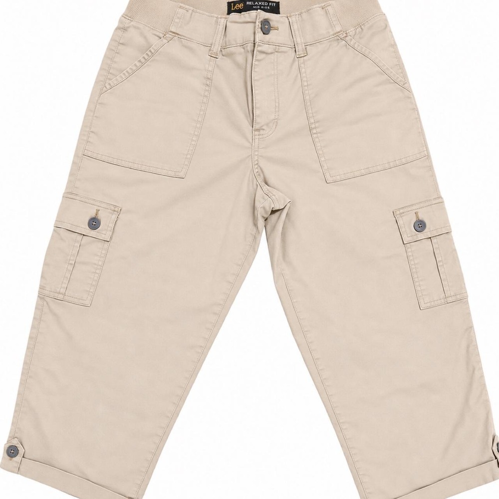 Lee Relaxed Fit Mid Rise Cargo Capri Pants Khaki Women Cropped Utility Trousers